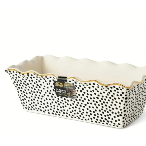 Thyme & Table Stoneware Loaf Pan polka dots with gold pinstripes. NEW - Picture 1 of 4